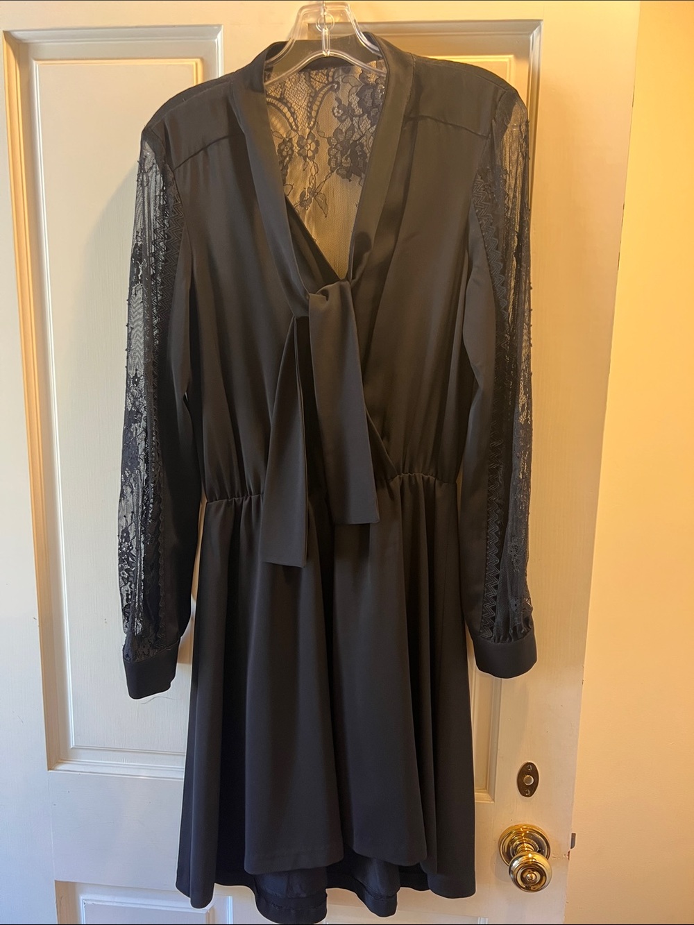 Parker Black Lace-Sleeve Tie-Neck Long Sleeve Dress
